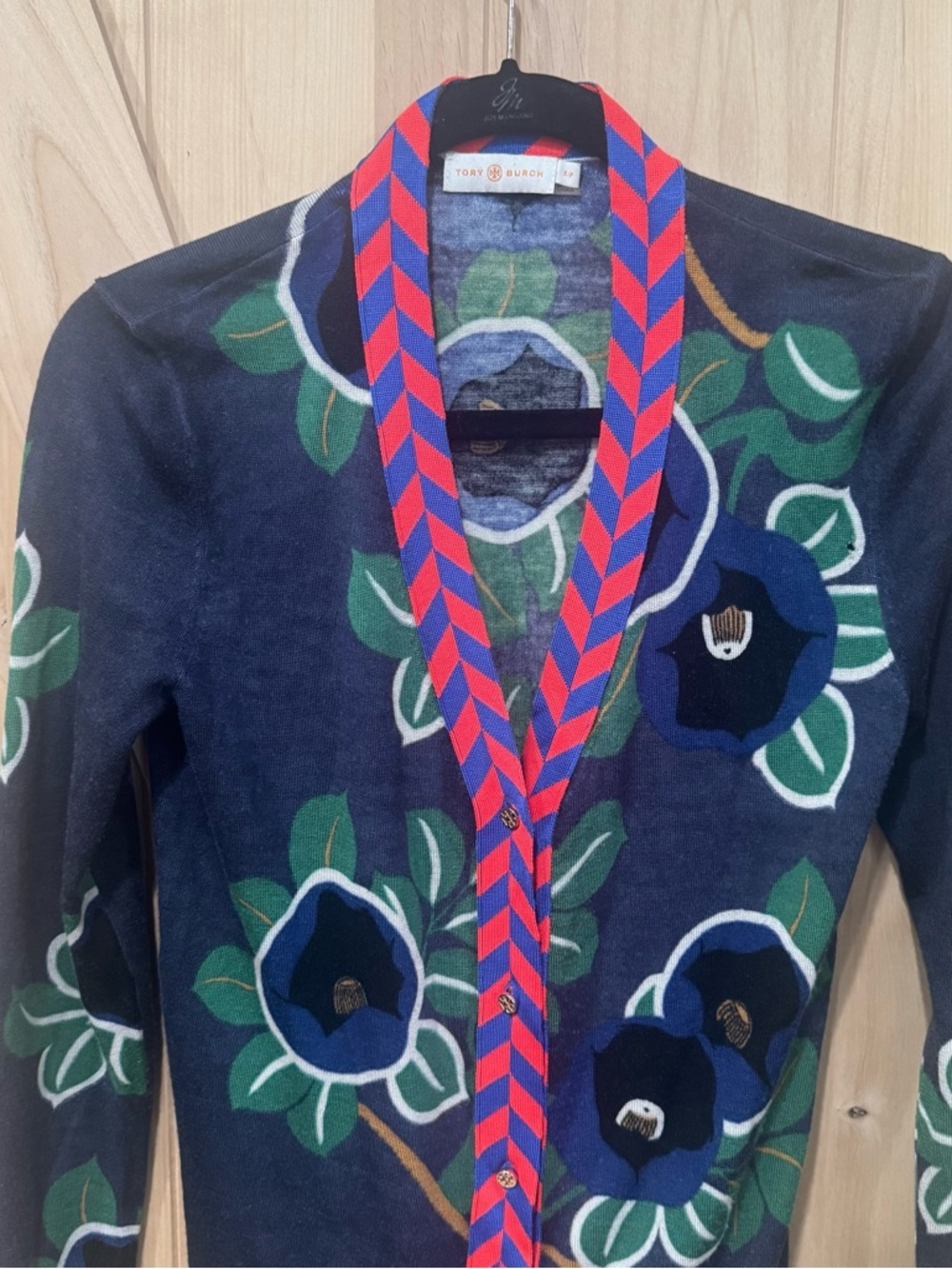 Tory Burch Thea Floral Modal Cotton Cardigan Size Medium Chervon - Picture 2 of 13